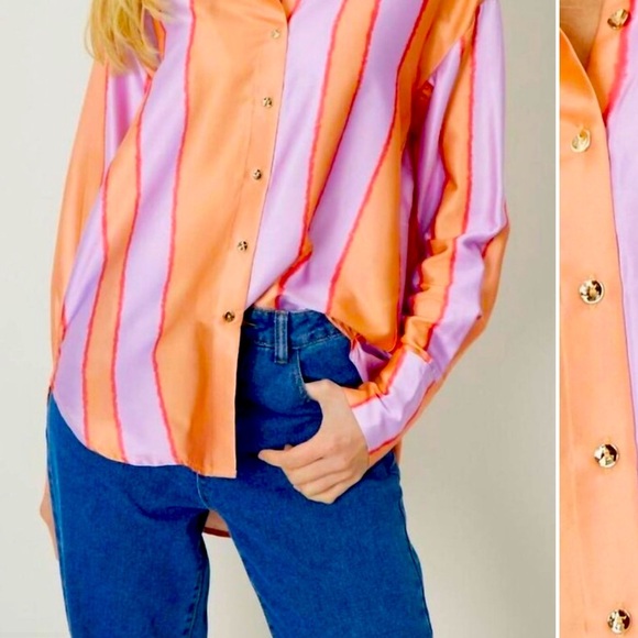 ENTRO Striped Long Sleeve Satin Like Button Down With Gold Buttons NWT - Picture 2 of 13